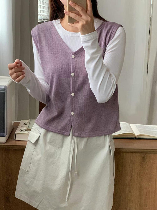 復古混色鈕扣線織背心🌼